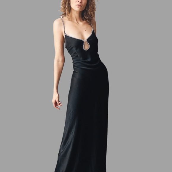 NWT Anthropologie RUMORED Diamond Maxi Slip‎ Dress Size L Black Satin $158